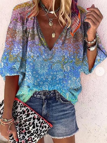 

Floral V Neck Half Sleeve Casual Mid Sleeve Blouse, Blue, Shirts & Blouses
