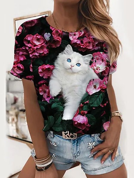 

Floral V Neck Elegant Shirts & Tops, Black, T-Shirts