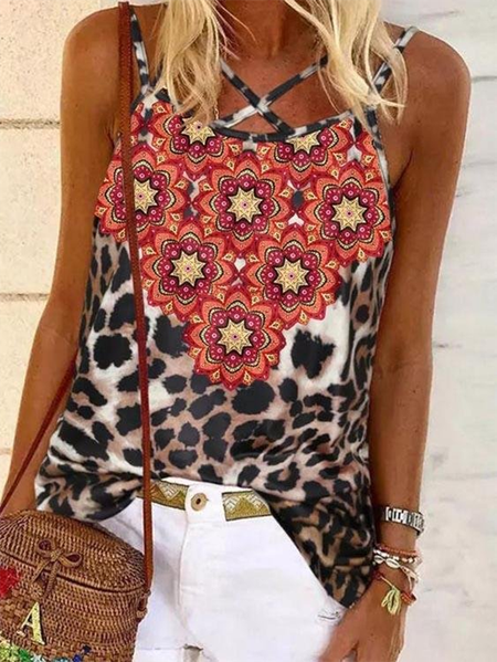

Casual Spaghetti Leopard Knit Tank, As picture, Tank Top