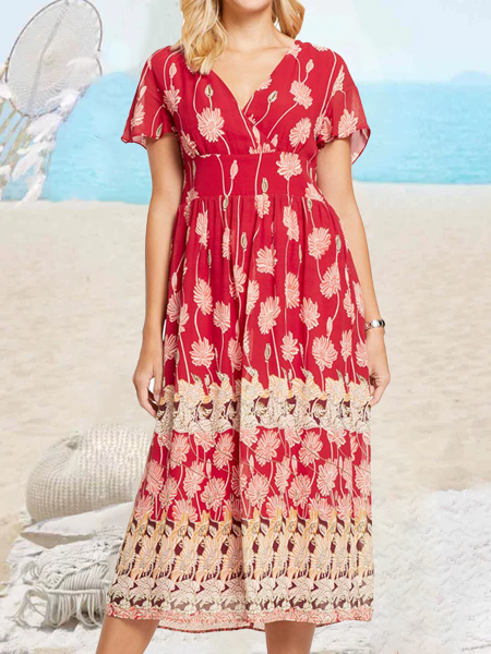 

Floral Loosen V Neck Short Sleeve Woven Dress, Red, Midi Dresses
