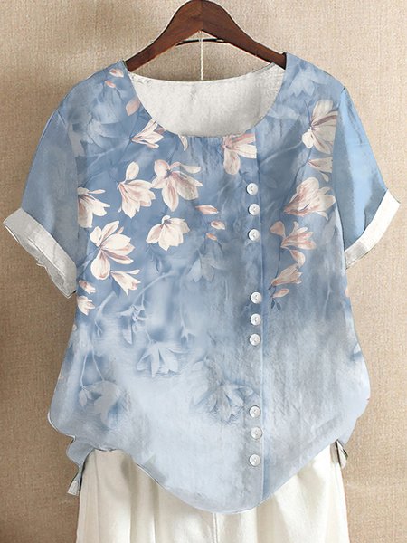 

Buttoned Loosen Casual Floral Short Sleeve Tops, Blue, Blouses & Shirts