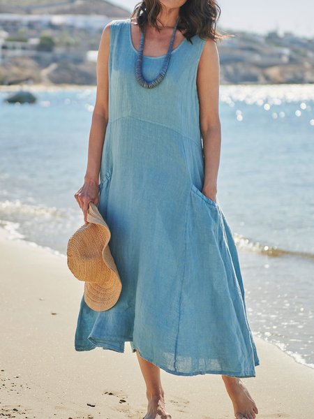 

Casual Cotton Blends Short Sleeve U-neck Midi Short sleeve women Dress, Blue, Dresses