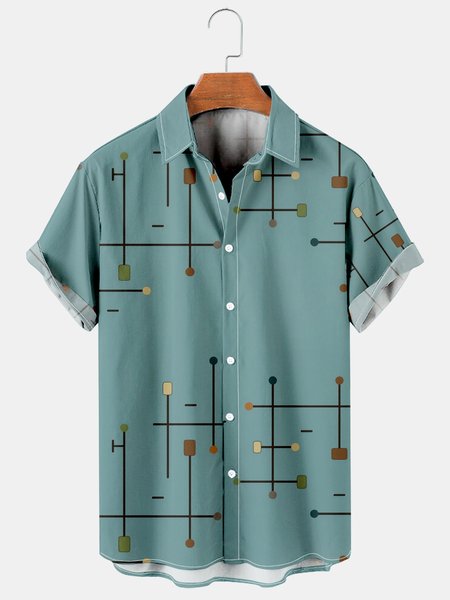 

Mens Geometric Print Casual Breathable Short Sleeve Shirt, Green, Shirts ＆ Blouse