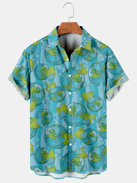 

Mens Earth Day Print Casual Breathable Short Sleeve Shirt, As picture, Men's Floral shirt