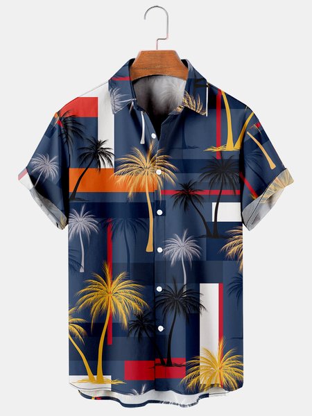 

Mens Tropical Coconut Tree Print Casual Short Sleeve Hawaiian Shirts, Navy blue, Men's Floral shirt