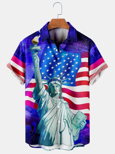 Mens American Statue of Liberty Casual Breathable Short Sleeve Aloha Shirts, Blue, Men's Floral shirt