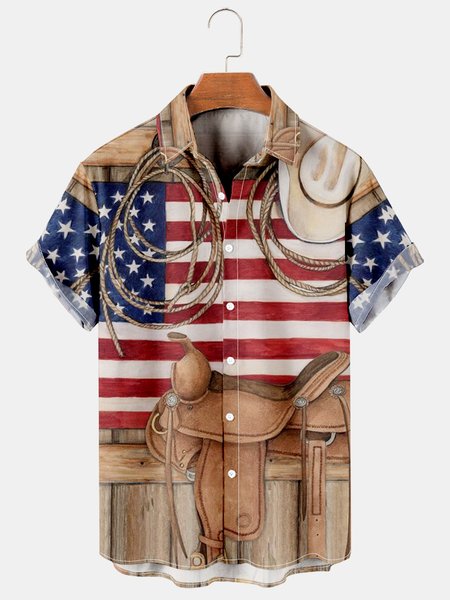 

Men's Flag Print Casual Breathable Short Sleeve Shirt, As picture, Men's Floral shirt