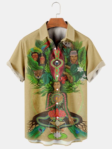 

Mens Funky Love Earth Tree of Life Casual Breathable Short Sleeve Hawaiian Shirts, Khaki, Men's Floral shirt
