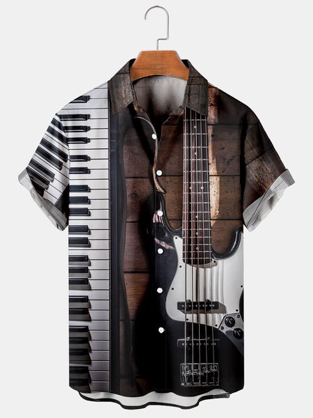 

Mens Music Print Casual Breathable Short Sleeve Shirt, As picture, Men's Floral shirt