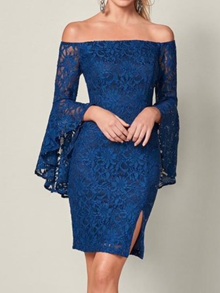 

Boat Neck Elegant Slim Fit Lace Dress, Blue, Mini Dresses