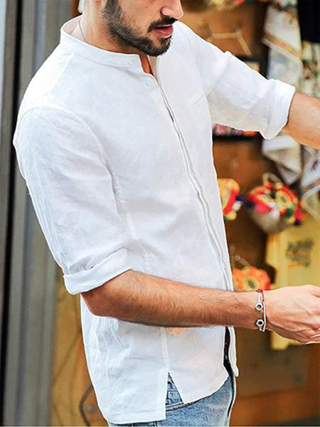 

Vintage Casual Stand Collar Linen Mid Sleeve Shirt, White, Men's basic shirt