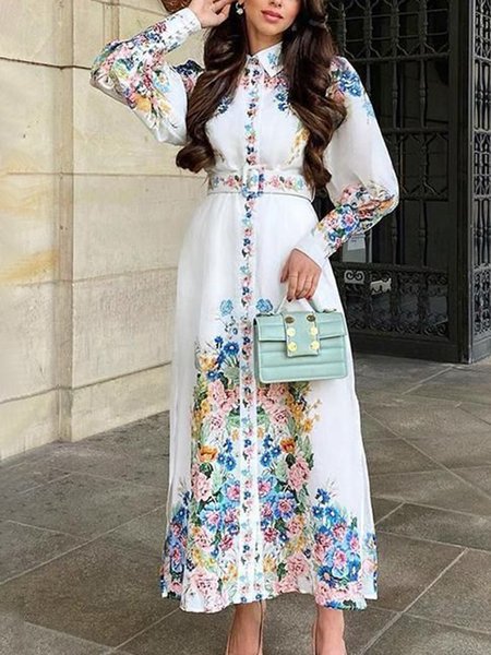 

Vacation Regular Fit Long Sleeve Woven Dress, White, Maxi Dresses