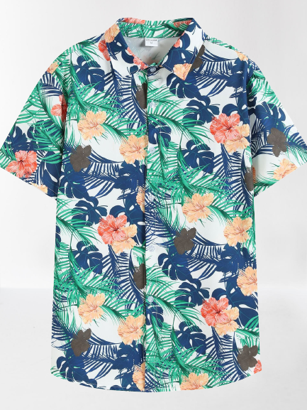 

Mens Tropical Leaves Print Casual Breathable Short Sleeve Hawaiian Shirts, Green, Men's Floral shirt
