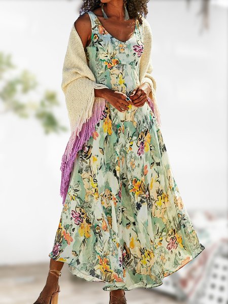 

Loosen Floral Short Sleeve Woven Dress, Green, Maxi Dresses