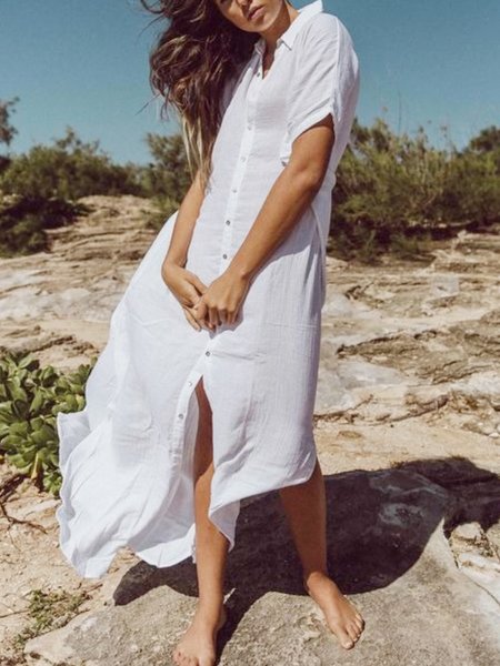 

Plus Size Casual Solid Lapel Short Sleeve Loosen Dress, White, Maxi Dresses