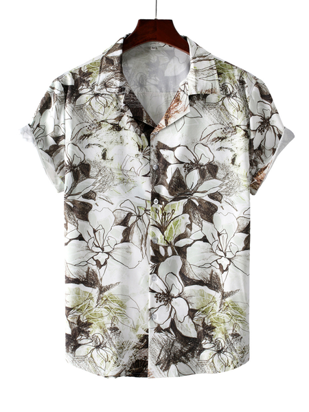 

Vintage Casual Botanical Floral Print Suit Collar Short Sleeve Shirt, As picture, Men's Floral shirt