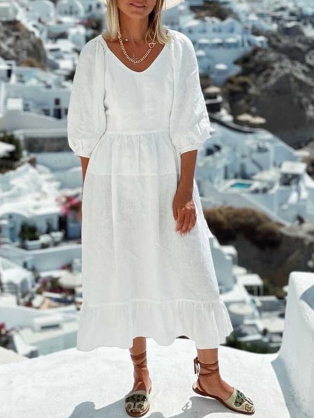 

Casual Solid V Neck Long Sleeve Loosen Dress, White, Midi Dresses