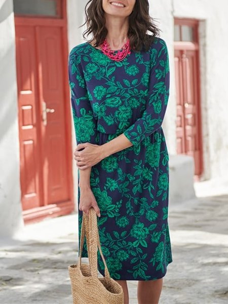

Casual Floral Crew Neck Long Sleeve Knit Dress, Green, Dresses