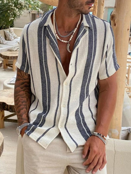 

Navy Striped Linen Casual Short Sleeve Men's Shirt, As picture, Shirts ＆ Blouse