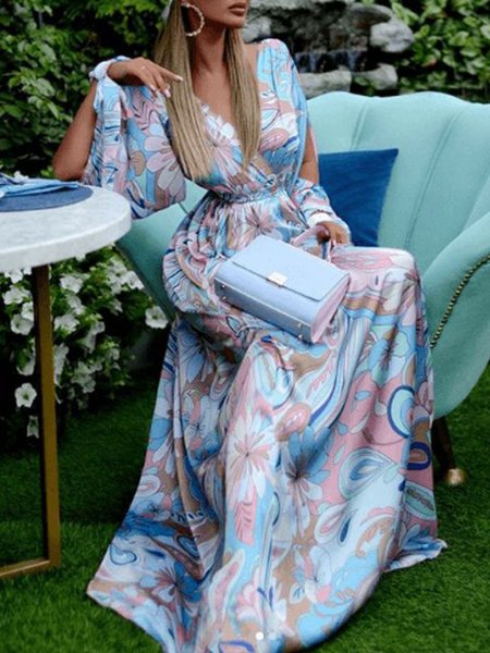 

Vacation Regular Fit Long Sleeve Woven Dress, Blue, Maxi Dresses
