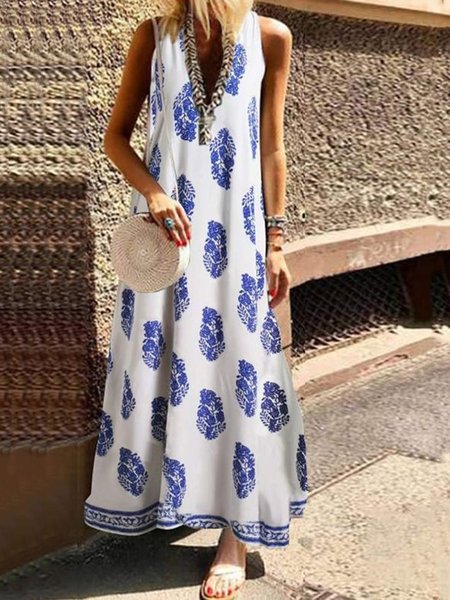 

Leaves Printed Boho V Neck Sleeveless A-line Maxi Dress, White, Maxi Dresses