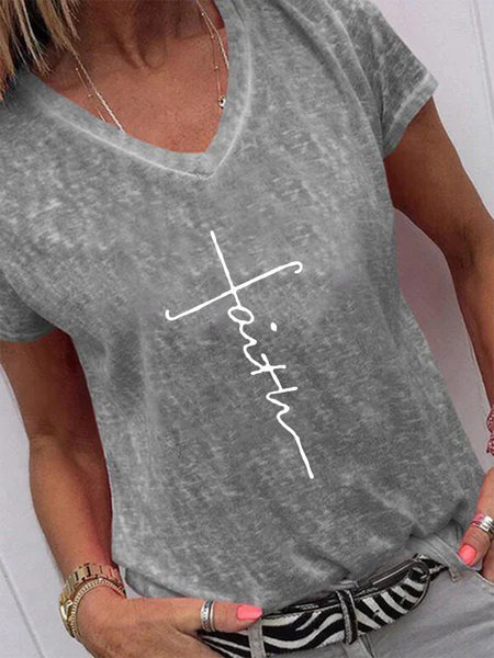 

Faith Printed Short Sleeve V Neck Plus Size Casual Tops, Gray, T-Shirts