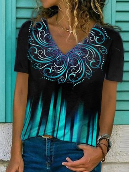 

Casual Ombre Tribal Floral V Neck Loosen Short Sleeve T-Shirt, Flower, T-Shirts