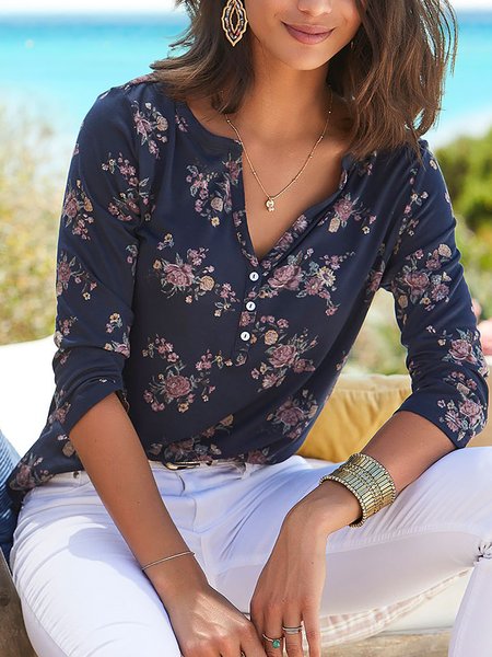 

Floral Loosen Long Sleeve T-Shirt Tops, Deep blue, T-Shirts