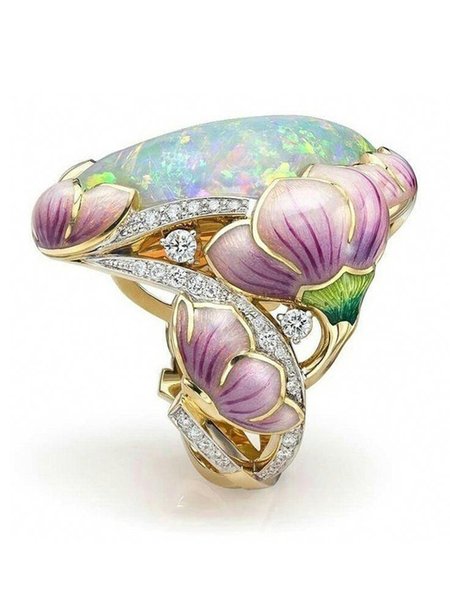 

JFN Enamel Opal Painted and Flower Ring, As picture, Rings