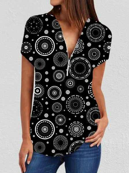 

Loosen V Neck Casual Short Sleeve Tops, Black, T-Shirts