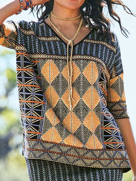 

Geometric Loosen Casual Short Sleeve Tops, Yellow, Tops