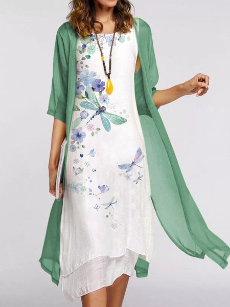 

Loosen Floral Round Neck Butterfly Short Sleeve Two Piece Woven Dress, Green, Midi Dresses