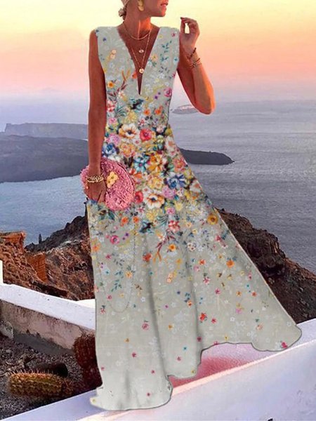 

Boho Floral Printed V Neck Sleeveless A-line Maxi Dress, Apricot, Maxi Dresses