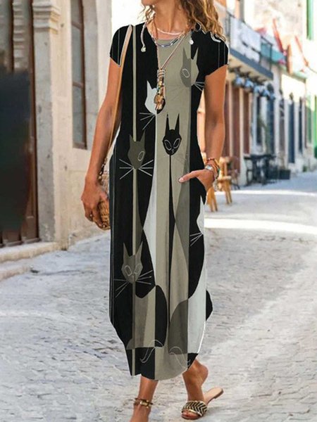 

Crew Neck Casual Regular Fit Short Sleeve Knit Dress, Black, Maxi Dresses