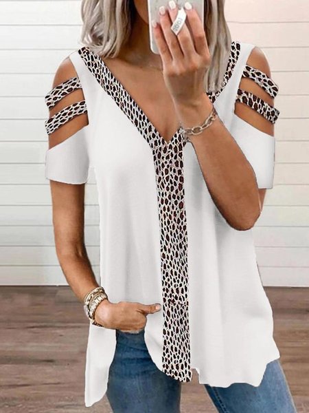 

Leopard Loosen Casual Hollow Out Short Sleeve T-Shirt, White, T-Shirts