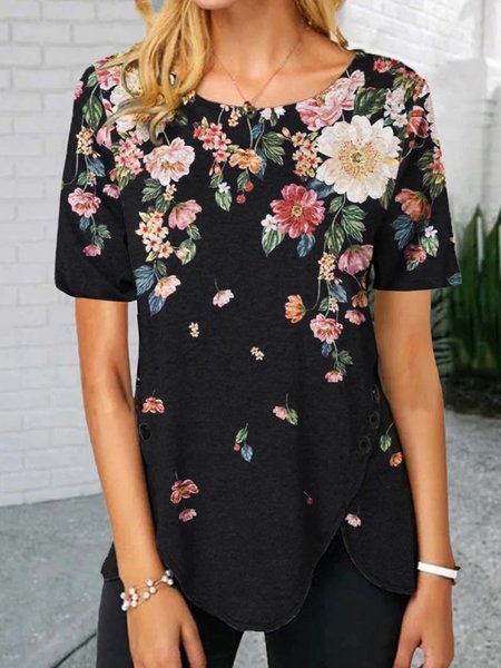 

Romantic Floral Printed Loosen Crew Neck Irregular Craftsmanship Tunic Short Sleeve T-Shirt, Black, T-Shirts