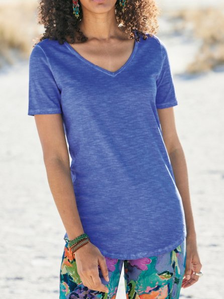 

Solid Casual V Neck Short Sleeve T-Shirt, Blue, Tunics