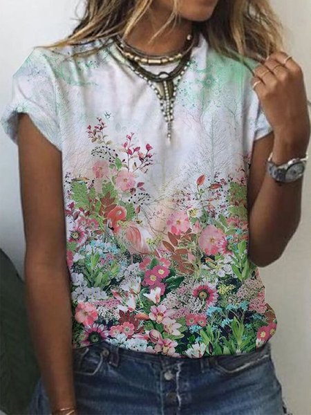 

Floral Short Sleeves Crew Neck Plus Size Casual Tops, Multicolor, T-Shirts