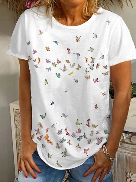 

Casual Regular Fit Butterfly Short Sleeve T-Shirt, White, T-Shirts