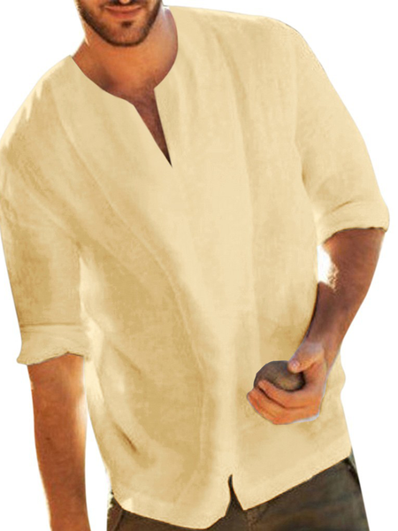 

Casual Linen Pullover 3/4 Sleeve Men's Shirt, Yellow, Shirts ＆ Blouse