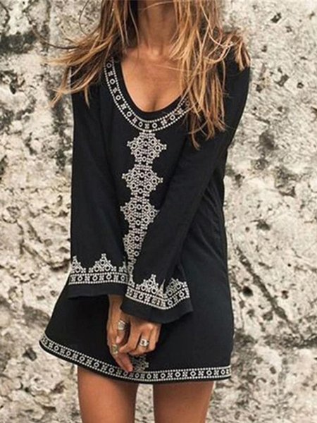 

Casual Loosen V Neck Tribal Long Sleeve Knit Dress, Black, Mini Dresses