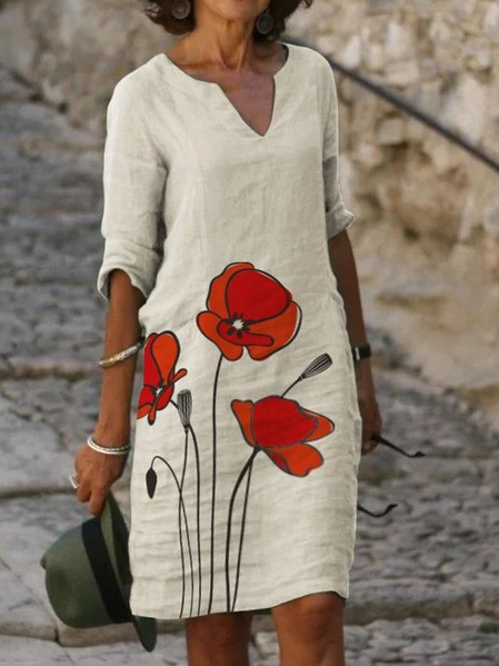 

Loosen Floral Short Sleeve Woven Dress, White, Mini Dresses