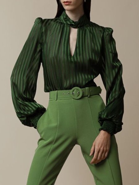 

Spring Elegant Stand Collar Long Sleeve Stand Collar Daily Tops, Green, Tops