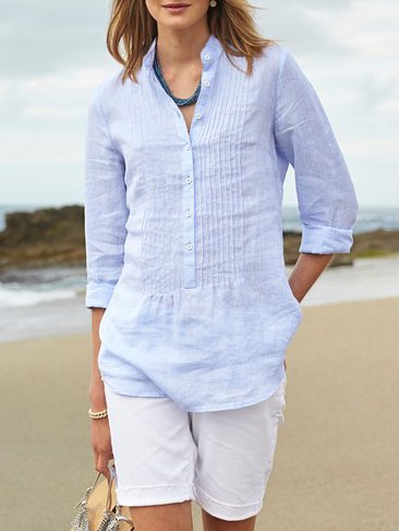 

Linen Casual Stand Collar Long Sleeve Tops, White, Long sleeve tops