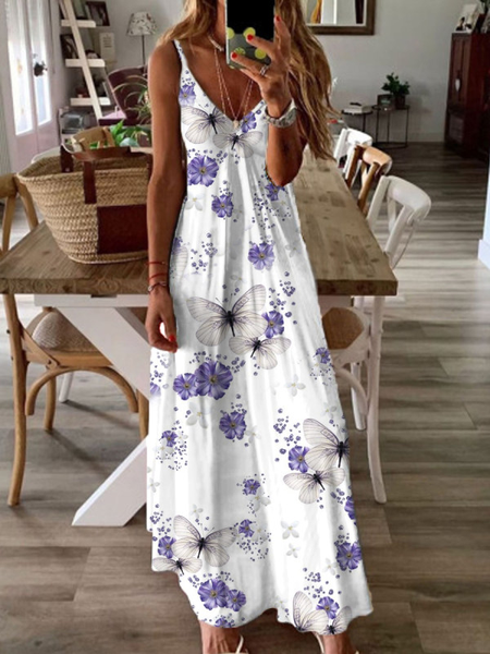 

Floral Casual Sleeveless Knit Dress, White, Maxi Dresses
