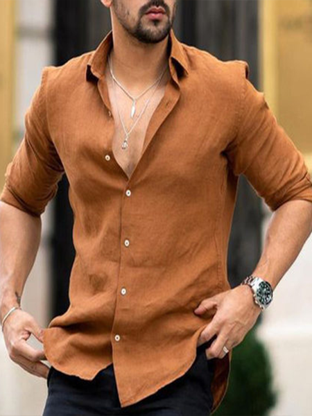 

American Retro Casual Basic Cotton And linen Short-sleeved Shirt, Cameo brown, Long Sleeve Basic Shirts