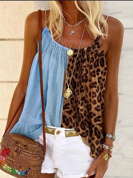 

Crew Neck Leopard Casual Woven Tank, Blue, Tank Top