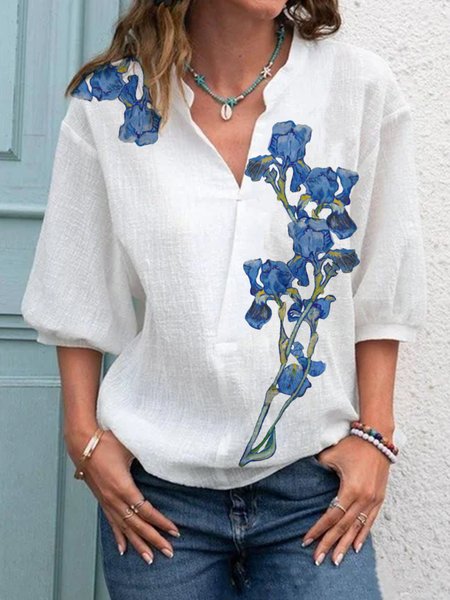 

Painted Loosen Vacation Mid Sleeve Blouse, White, Blouses & Shirts