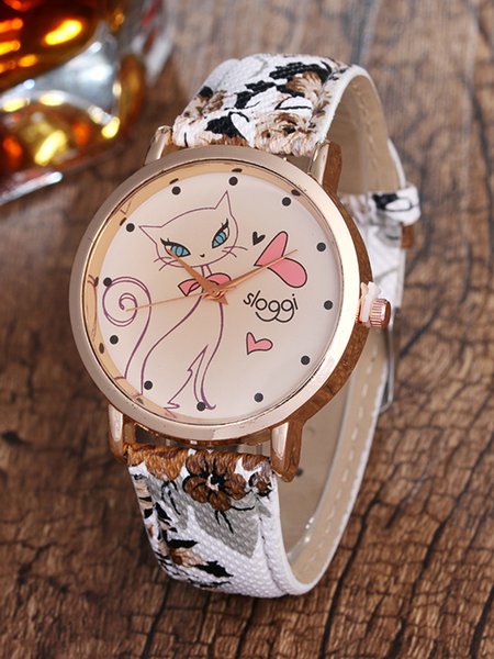 

Vintage PU Leather Chain Cat Dial Watch, Brown, Others