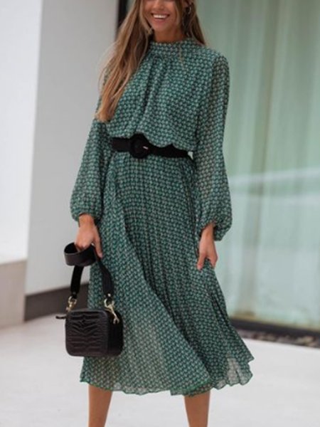 

Vacation Geometric Long Sleeve Woven Dress, Green, Dresses